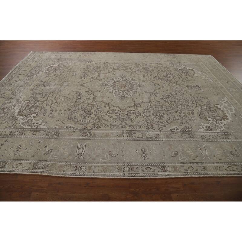 Distressed Tabriz Vintage Persian Rug Handmade Beige Wool Carpet - 8'1" x 11'4"