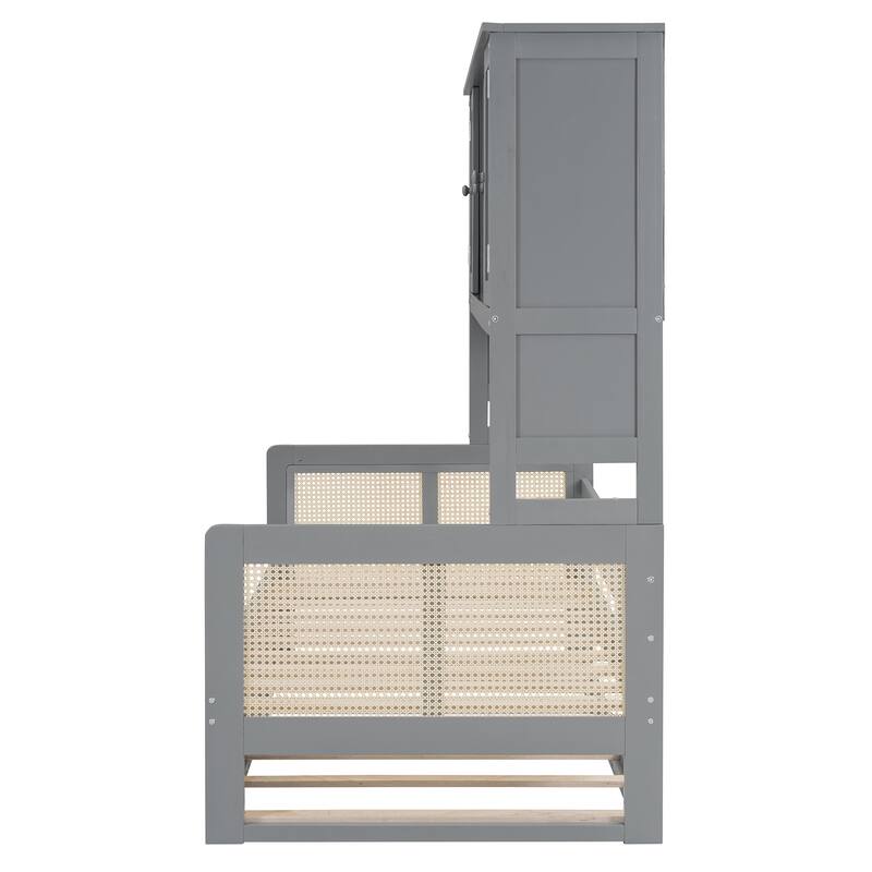 Wood Full Size Daybed with Built-In Storage Cabinet, Shelves & Twin Trundle, Rattan Accent, No Box Spring Needed
