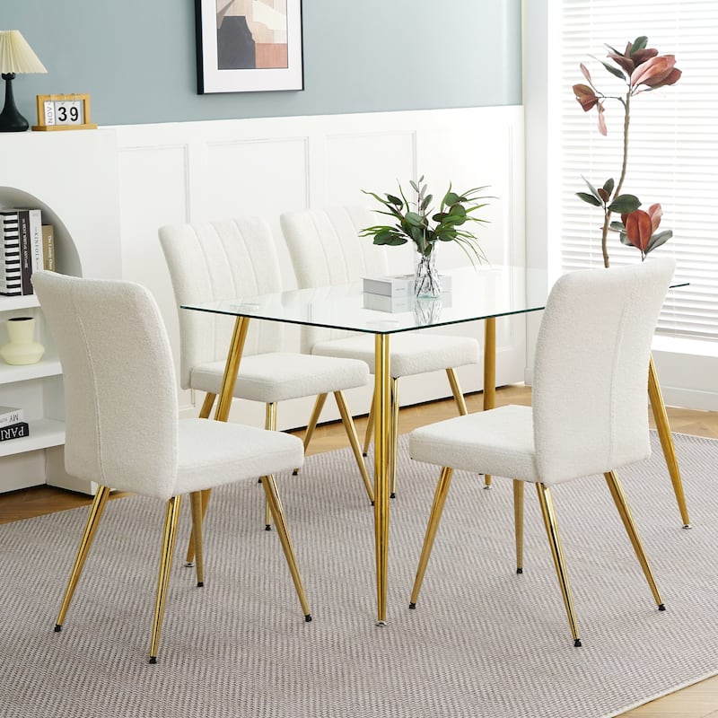 Modern Black Teddy Wool Dining Chairs Set of 4, Upholstered Chair with Fabric Accent Side Chair, Side Chair with Gold Metal Legs - White