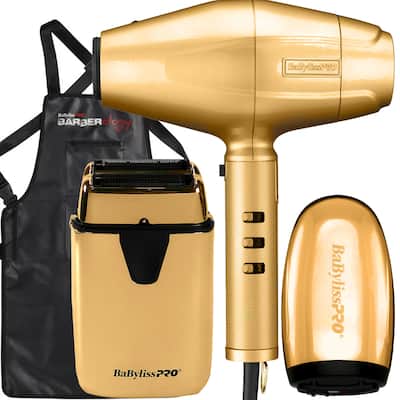 BaByliss PRO FXBDG1 GoldFX High Performance Turbo Dryer + Double Foil Shaver FXLFS2G + Cordless Massager + Apron