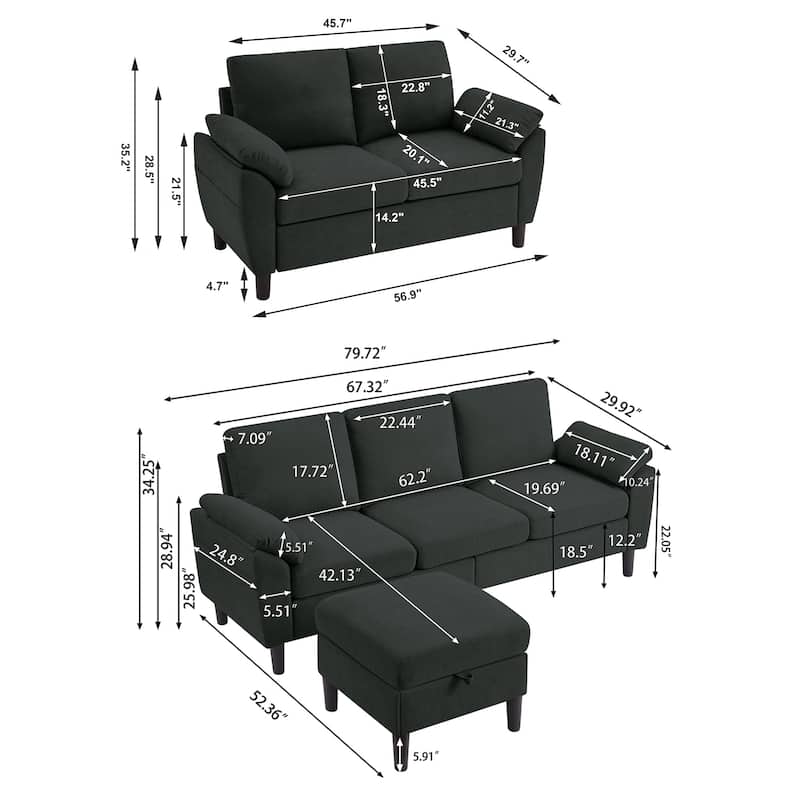 3-Piece Living Room Sectional Sofa Set with Loveseat and Ottoman