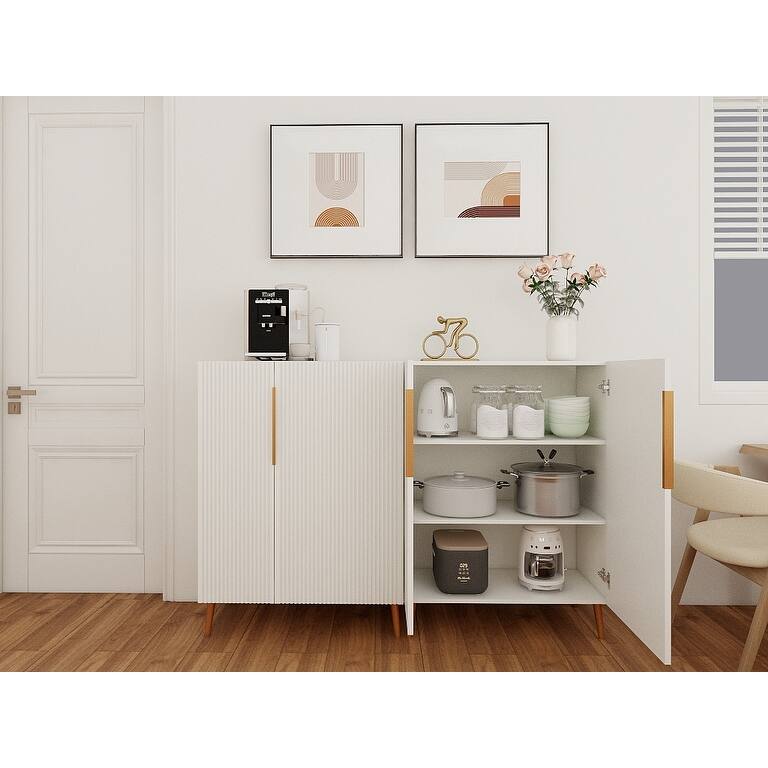 Modern White Sideboard Cabinet with Gold Handles for Kitchen, Dining Room Furniture Organizer
