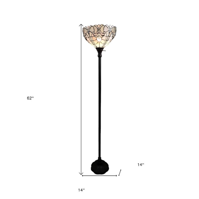 Brown Metal Torchiere Floor Lamp with White Stained-Glass Dome Shade - 14” x 14” x 62” (D x W x H)