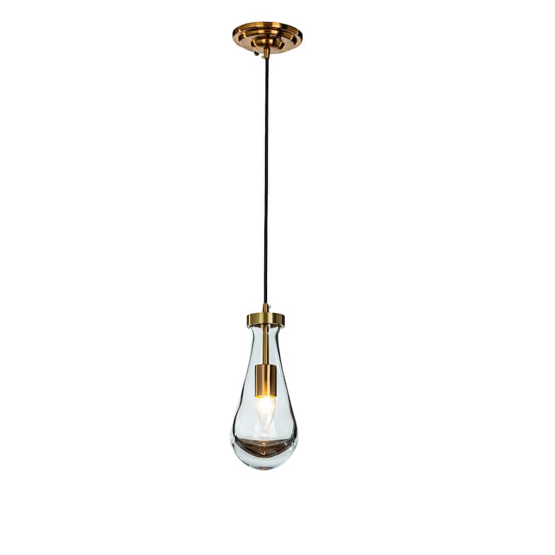 Single 5" Wide Cord Hung Farmhouse Antique Gold Glass Pendant Rustic Kitchen Hanging Lamp With Clear Teardrop Shade - W5"