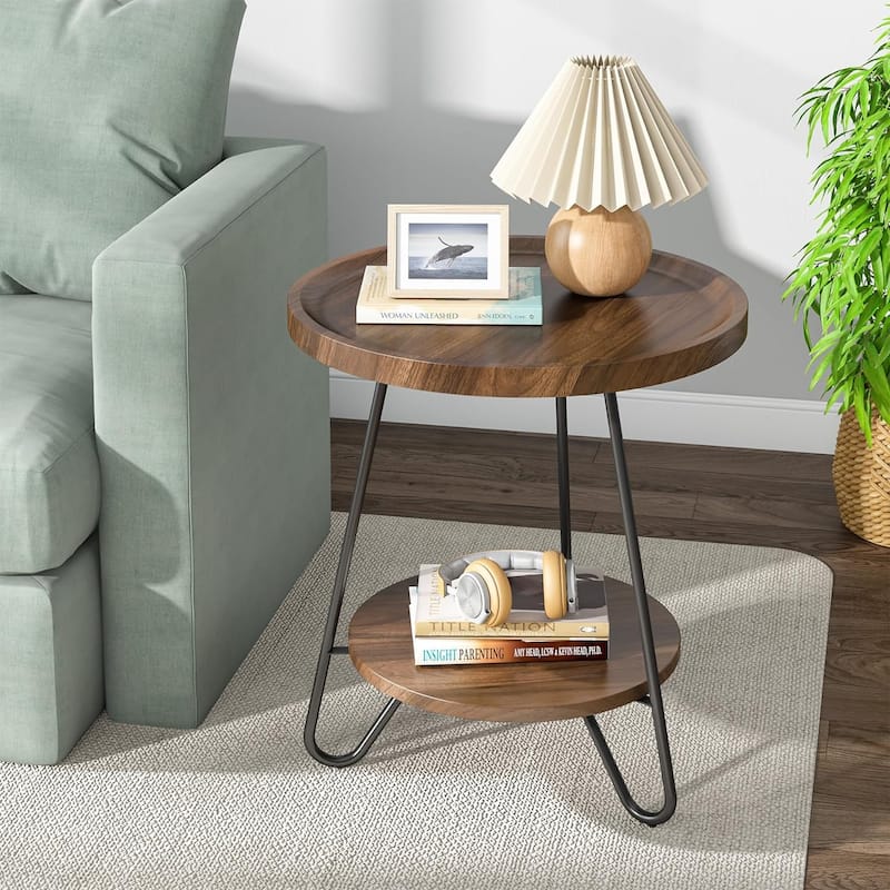 Round Side Table, Wooden End Table, 2-Tier Sofa Side Table with Metal Legs