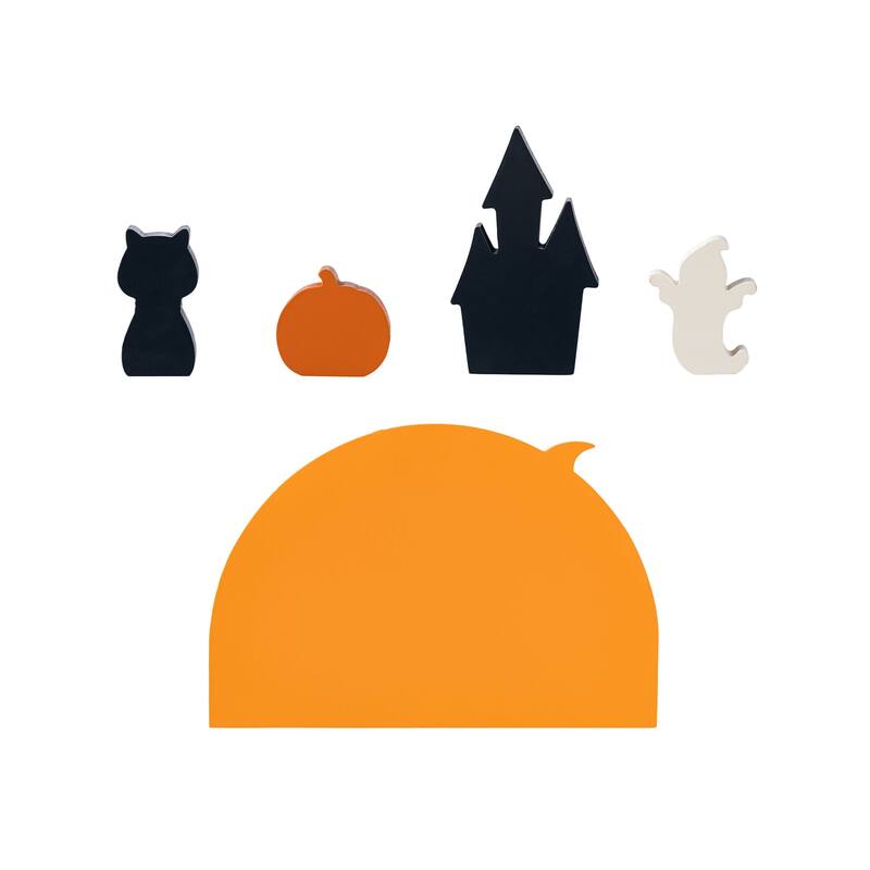 Glitzhome Set of 5 Wooden HAPPY HALLOWEEN Decorative Moon Table Signs with Black Cat, Jack O Lantern, Ghost and Haunted House