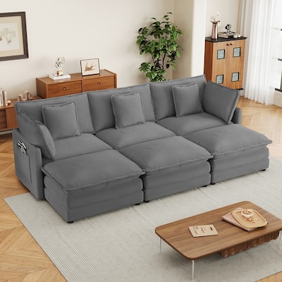 Modular Sectional Sofa, Corduroy, Storage Pockets, Movable Ottomans