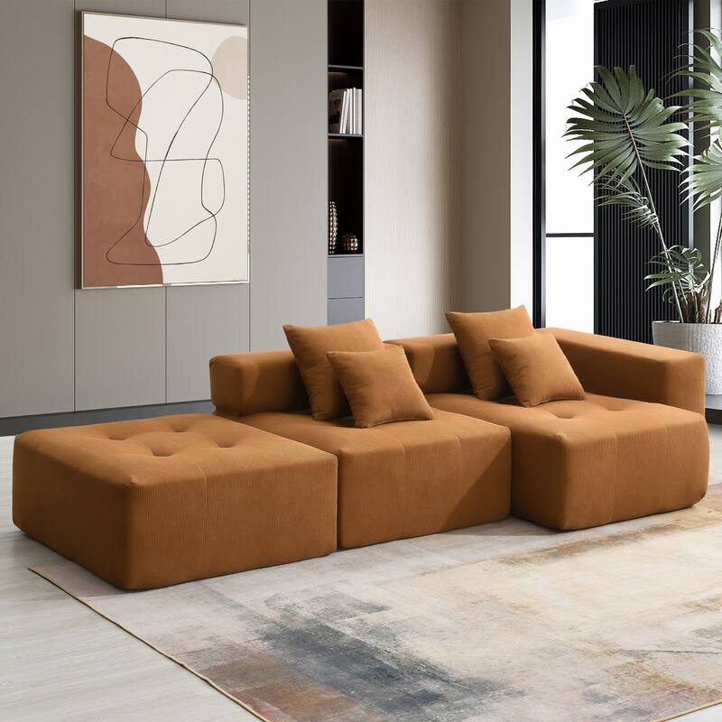 L-shaped corduroy upholstered sectional sofa with ottoman