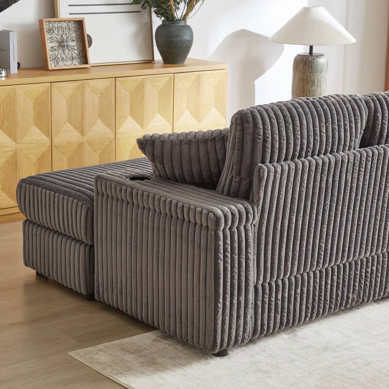 Deep Seat Sectional Loveseat Set with 2 Ottoman and 2 Pillows, Corduroy Chaise Lounge Bed with 2 Storage Spaces and Cupholding