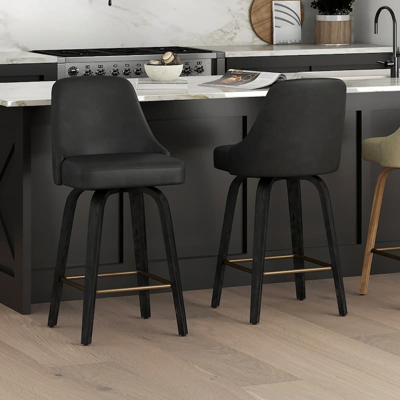 Modern Faux Leather & Bentwood 26" Counter Stool w/Swivel, Set of 4 - Ivory & Whitewash