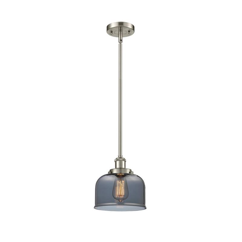 Innovations Lighting Large Bell 8" Wide Mini Pendant - Rod Hung - Brushed Satin Nickel / Plated Smoke