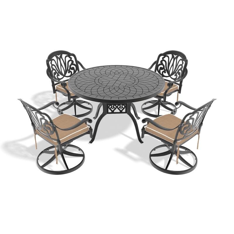 5-Piece Aluminum Round Outdoor Patio Dining Set, 4 Cushioned Swivel Chairs, Table, All-Weather Frames