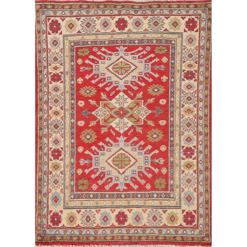 Red Geometric Kazak Accent Rug Handmade Oriental Wool Carpet - 2'11"x 4'3"