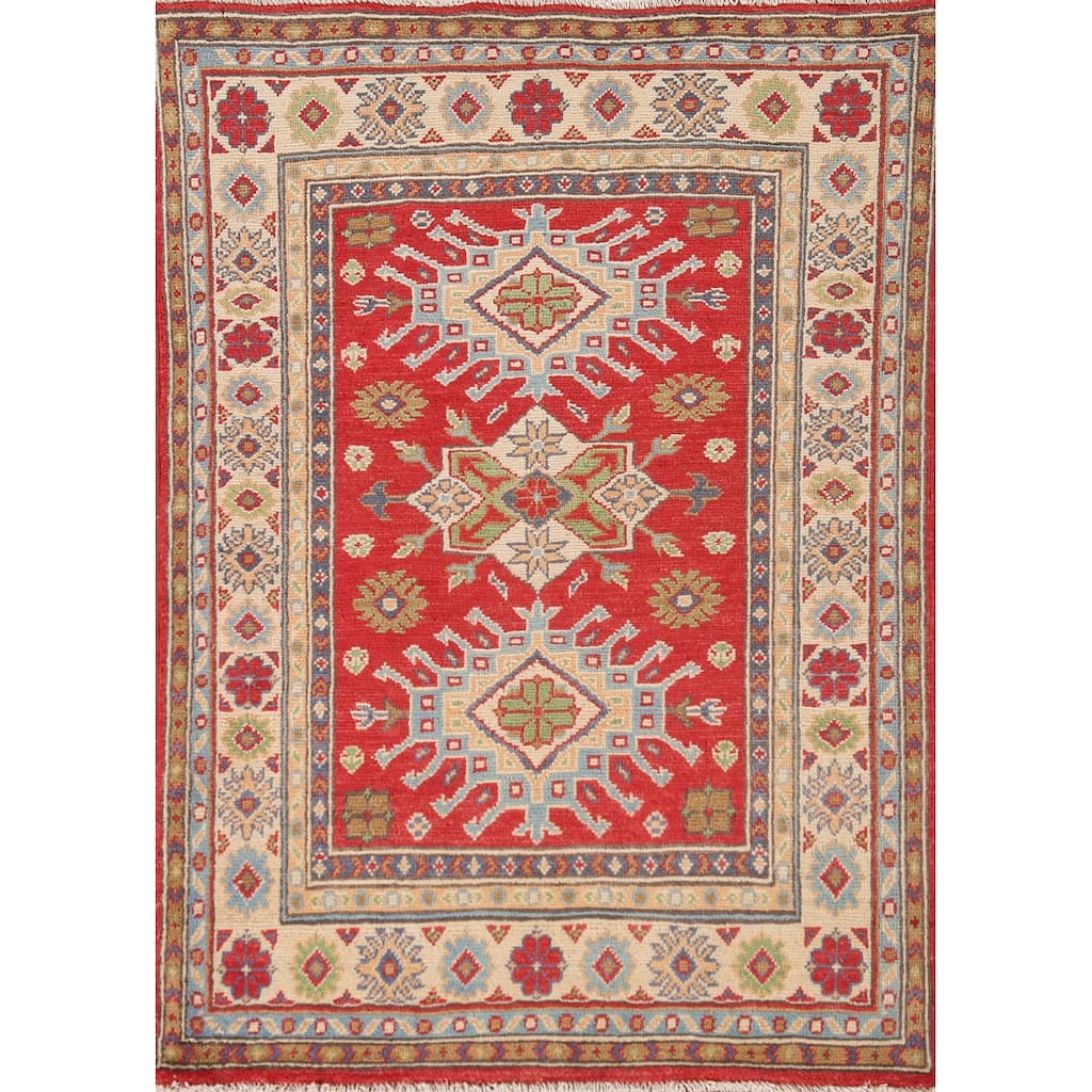 Red Geometric Kazak Accent Rug Handmade Oriental Wool Carpet - 2'11"x 4'3"