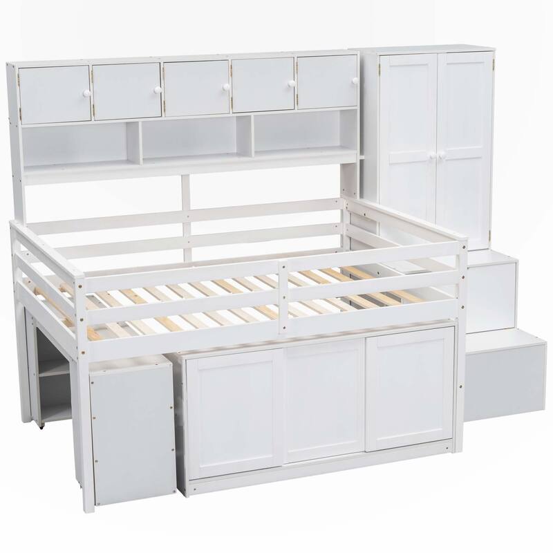 Full Size Wooden Loft Bed Big Storage with Under bed Desk
