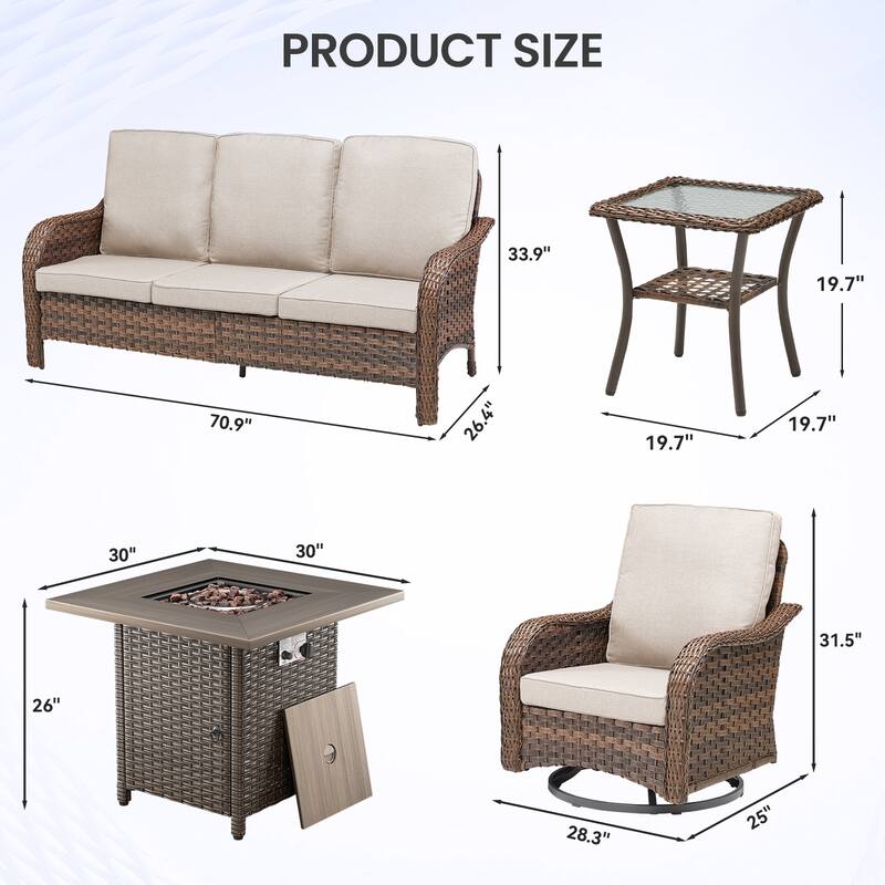 Pocassy Patio Funiture Sofa Swivel Chair Ottoman with Fire Table Set