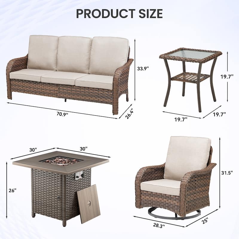 Pocassy Patio Sofa Swivel Chair with Fire Table Funiture