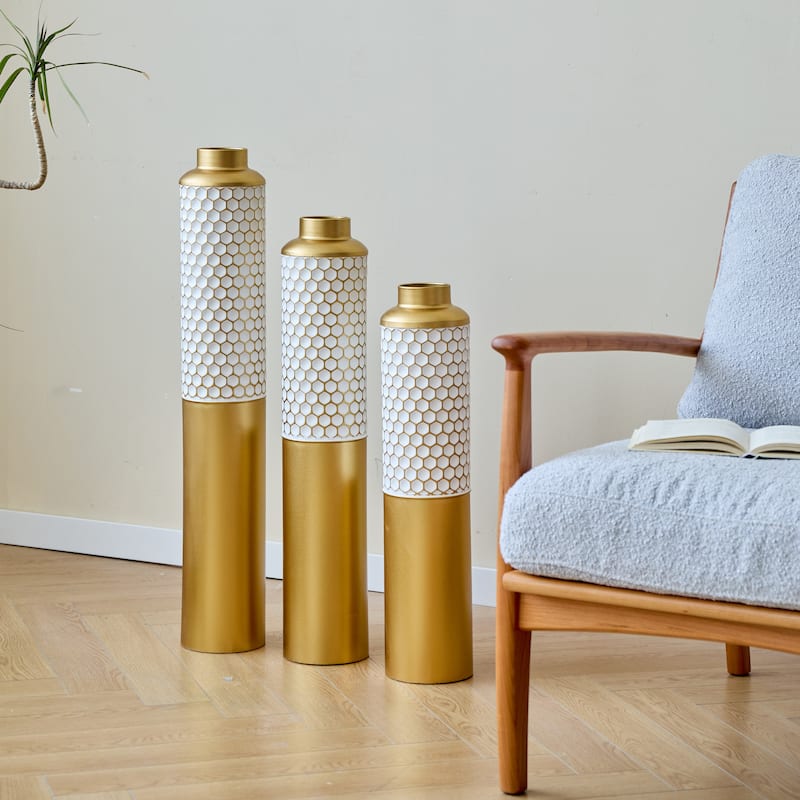Floor metal vase modern style decoration home droplet shaped white metal vase 3-piece set gorgeous large glazed metal vase