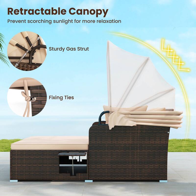 Costway Patio Rattan Daybed Lounge Retractable Top Canopy Side Tables - See Details