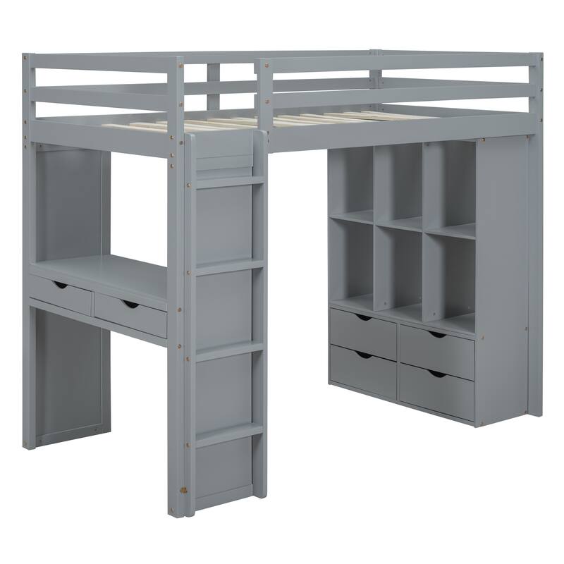 Twin Loft Bed with Shelves, Desk, and LED Light in Gray