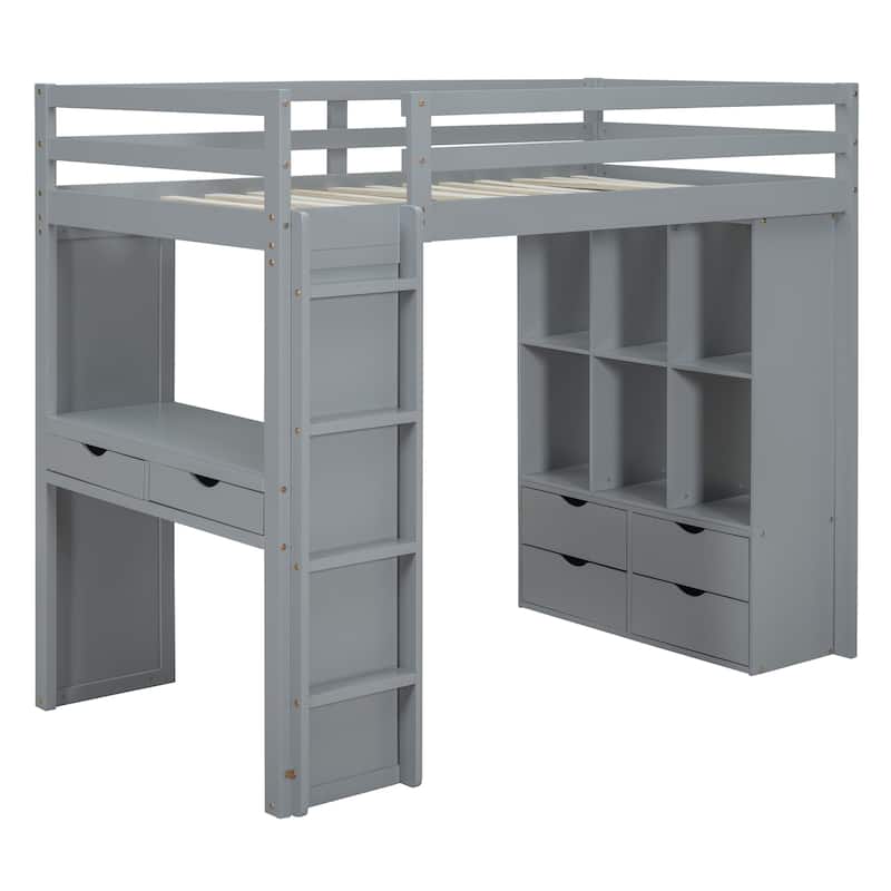 Twin Size Solid Wood Loft Bed with large shelves, writing desk and LED Light for Bedroom