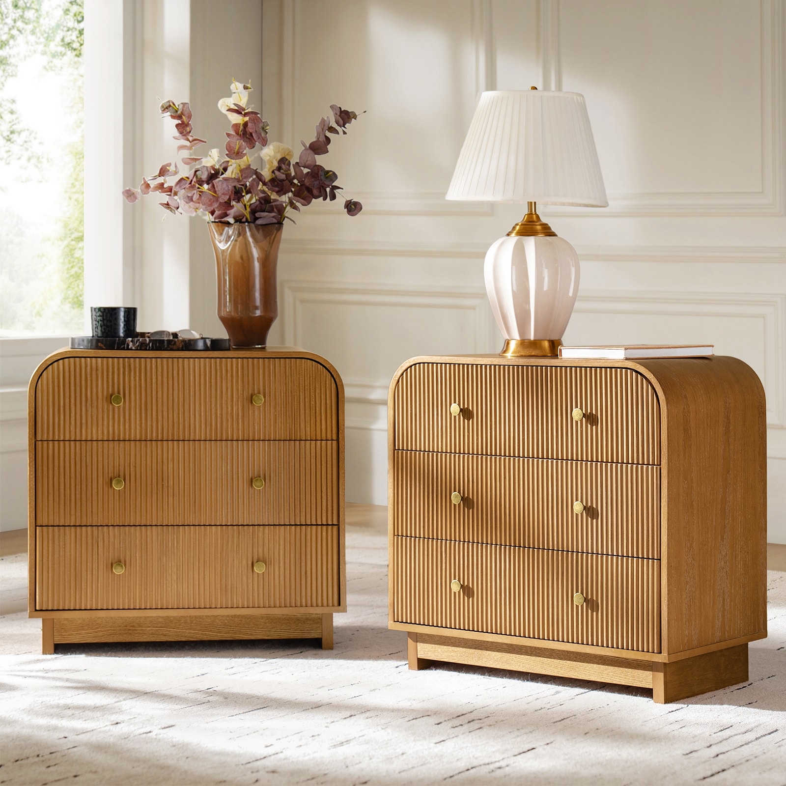 HULALA HOME Claude Modern Easy Assembly 3-drawers Fluted Curved End Table with Charging Station and USB Ports Set of 2