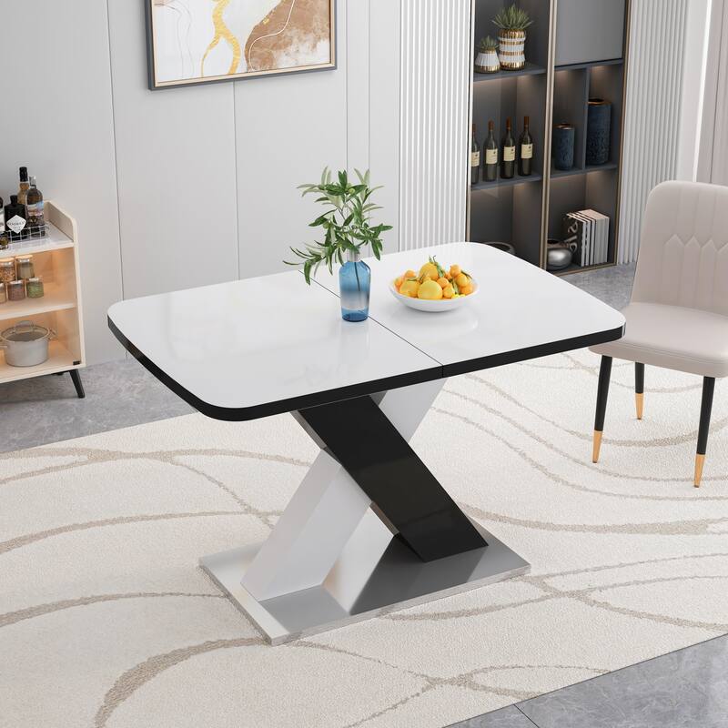 Modern Square Dining Table, Stretchable, with X-Shape Table Leg with Metal Base