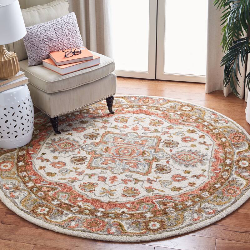 SAFAVIEH Handmade Trace Jenna Oriental Wool Rug - 6' Round - Ivory/Red
