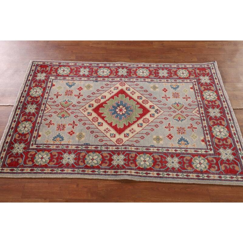 Grey Geometric Kazak Oriental Accent Rug Handmade Wool Carpet - 3'3"x 4'10"