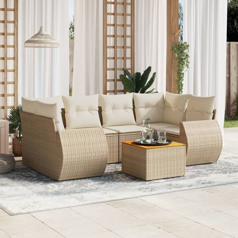 vidaXL Patio Sofa Set with Cushions Outdoor Furniture 7 Piece Poly Rattan - Beige and Cream - 24.4 x 27.6 x 27.2