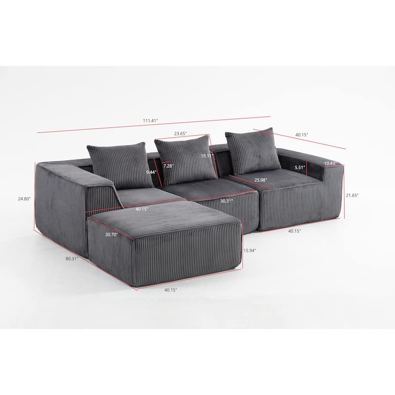 Modular Sleeper Sofa Bed Corduroy L-shaped Sectional Sofa with Chaise Floor Standing Multi Person Compressed Sofa with Ottoman