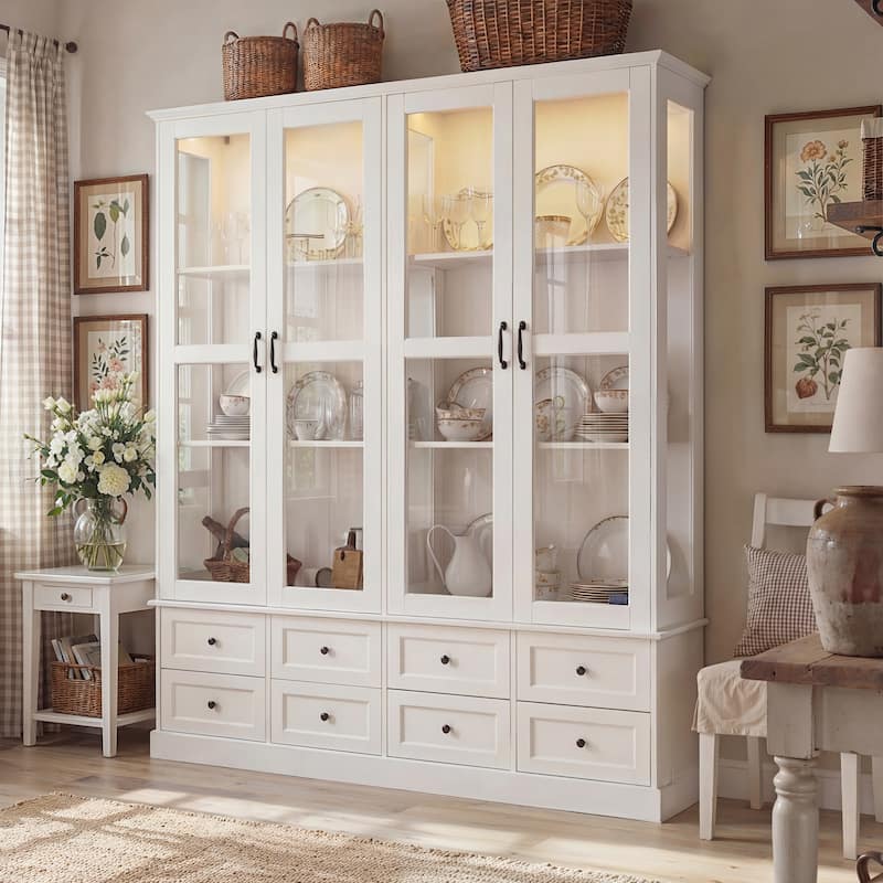 63" Lighted Glass Display Cabinet Curio Cabinet with Bluetooth LED Lights, White China Cabinet Storage for Living Room