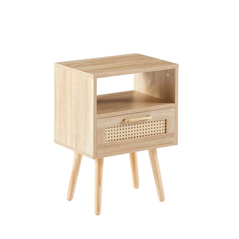 Anmytek Mid Century Nightstand Rattan Natural Bedside Table with Drawer and Solid Wood Legs