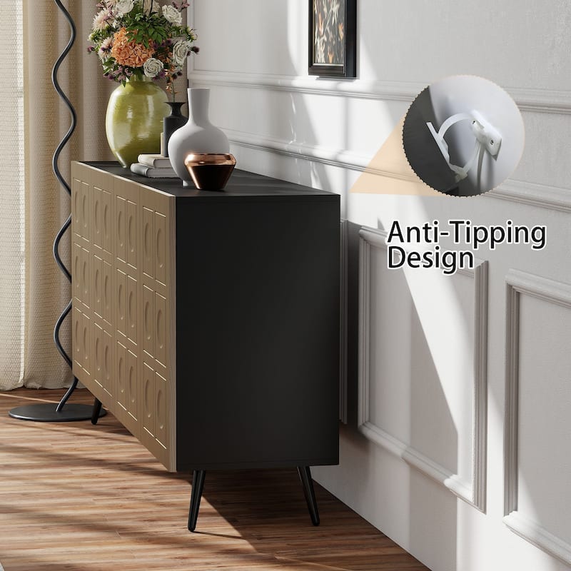 Storage Cabinet Buffet Sideboard with 4 Fluted Doors, Wood Accent Entryway Table with Adjustable Shelves