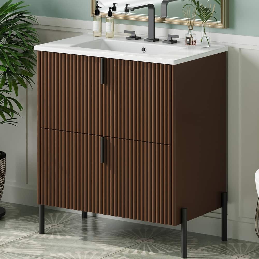 Bathroom Vanity with Ceramic Sink, Freestanding Bathroom Storage Cabinet, Fluted Bathroom Vanity with 2 Full-Extension Drawers