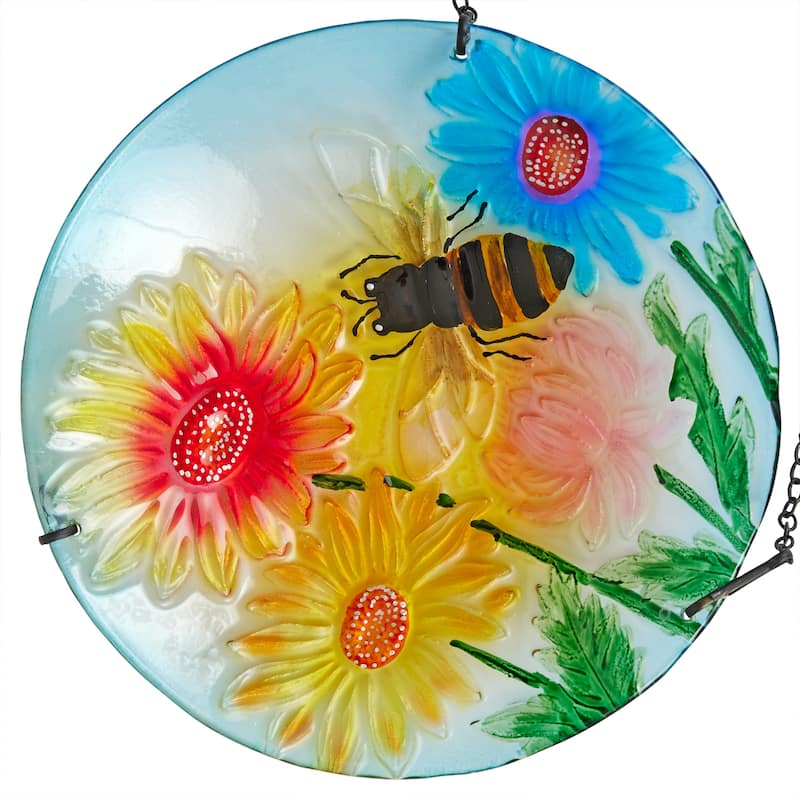 10" Glass Hanging Bird Feeder w/ Flowers and Bee