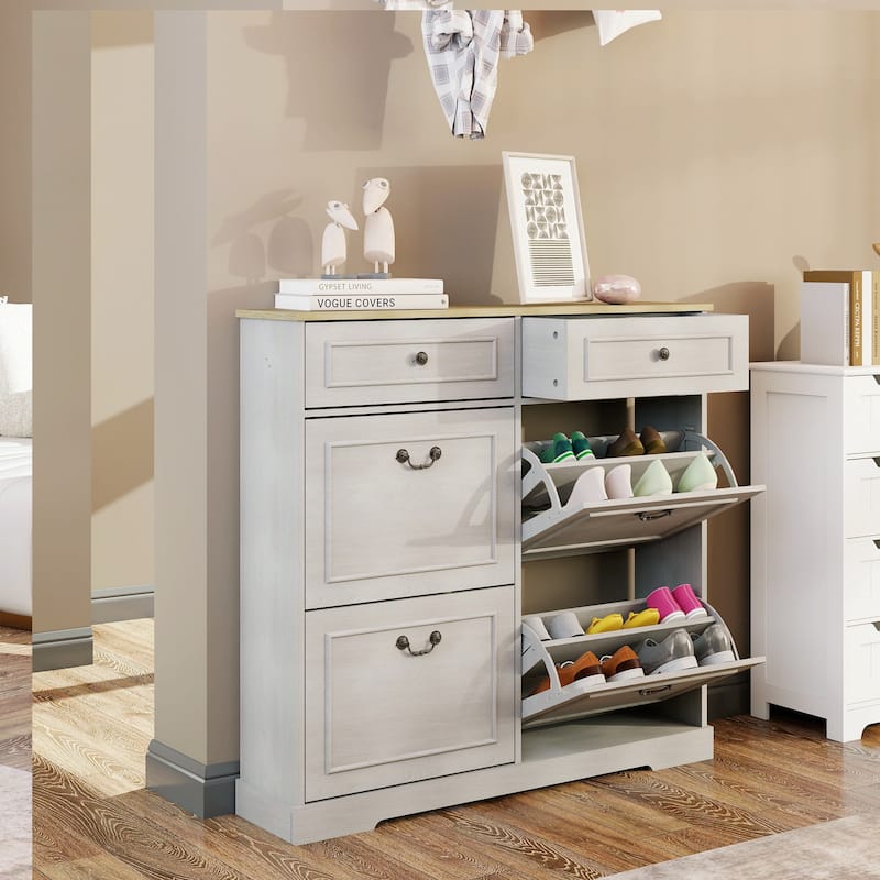 39.37 in. H x 41.3 in. W Antique White Shoe Cabinet with 2 Drawers and 4 Flip Drawers
