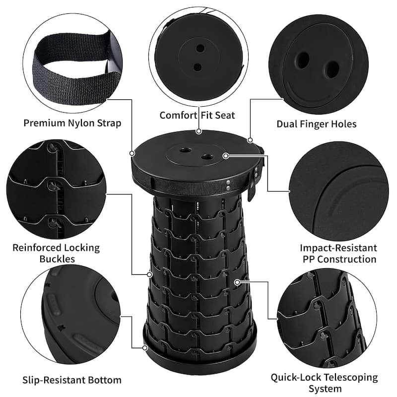 VECELO Portable Telescoping Stool Lightweight Adjustable Height Folding Stool for Camping Fishing Indoor Outdoor Plastic Seat