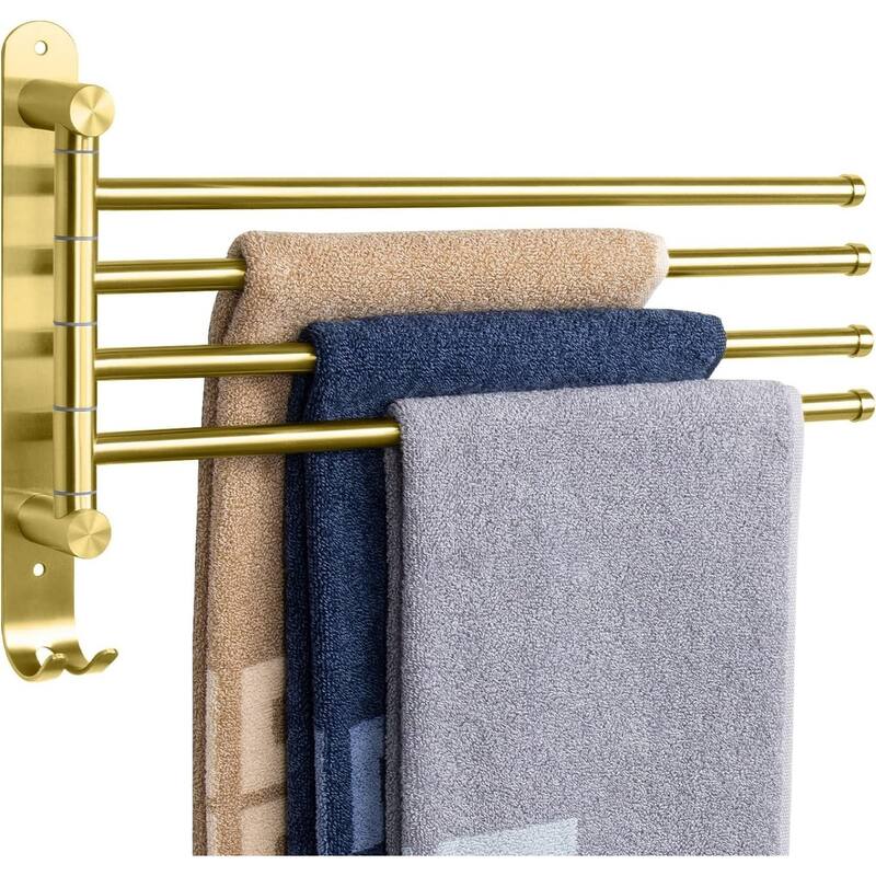 4-Arm Rust-Proof Swivel Towel Rack, 304 Stainless Steel with Hooks for Bathroom, Kitchen - Gold