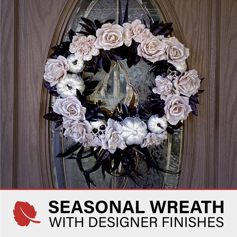 Haunted Hill Farm 15-In. Halloween Floral Wreath with Glitter Pumpkins and Skulls for Haunted House Hanging Decoration