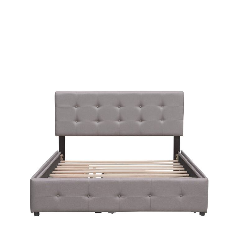 Upholstered Platform Bed with 2 Drawers and 1 Twin XL Trundle, Linen Fabric, Queen Size