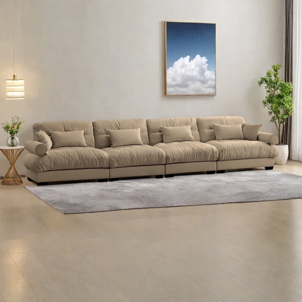 166" Velvet 4-Seater Sofa with Bolster Armrests, High-Resilience Sponge Cushions