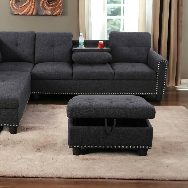 KISRAIS 28.5" Wide Upholstered Nailhead Trim Storage Ottoman