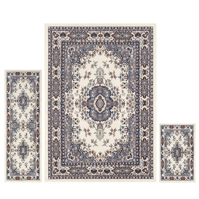 Home Dynamix Ariana Ksara Traditional Medallion Border Area Rug Set, 3 Piece - 3 Pcs (4'11"x6'10",1'7"x4'11",1'7"x2'7") - Ivory/Blue - Rectangle
