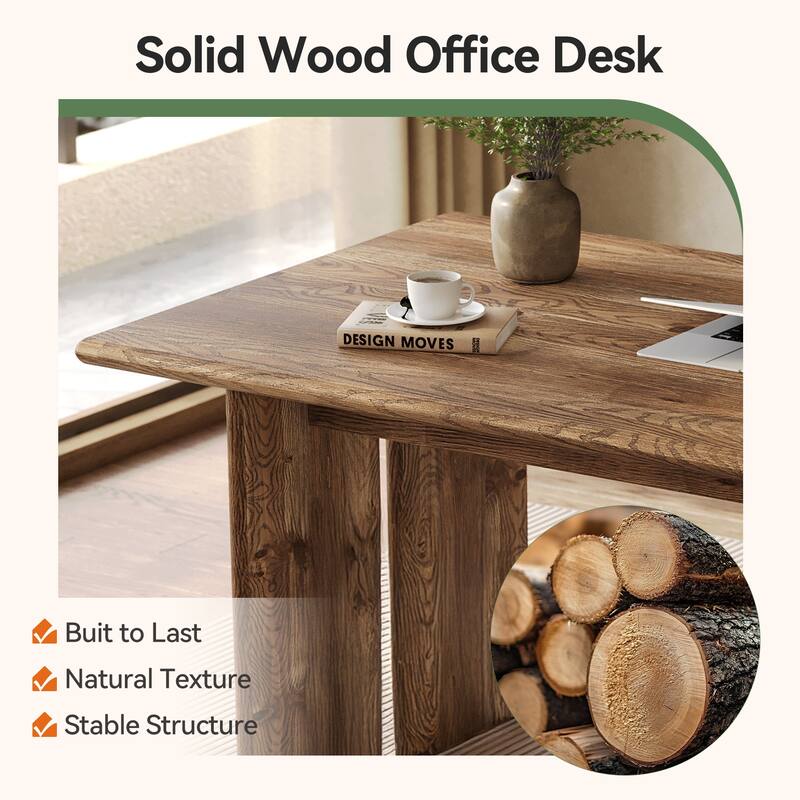 63-Inch Executive Desk, Solid Wood Home Office Desk with Tabletop