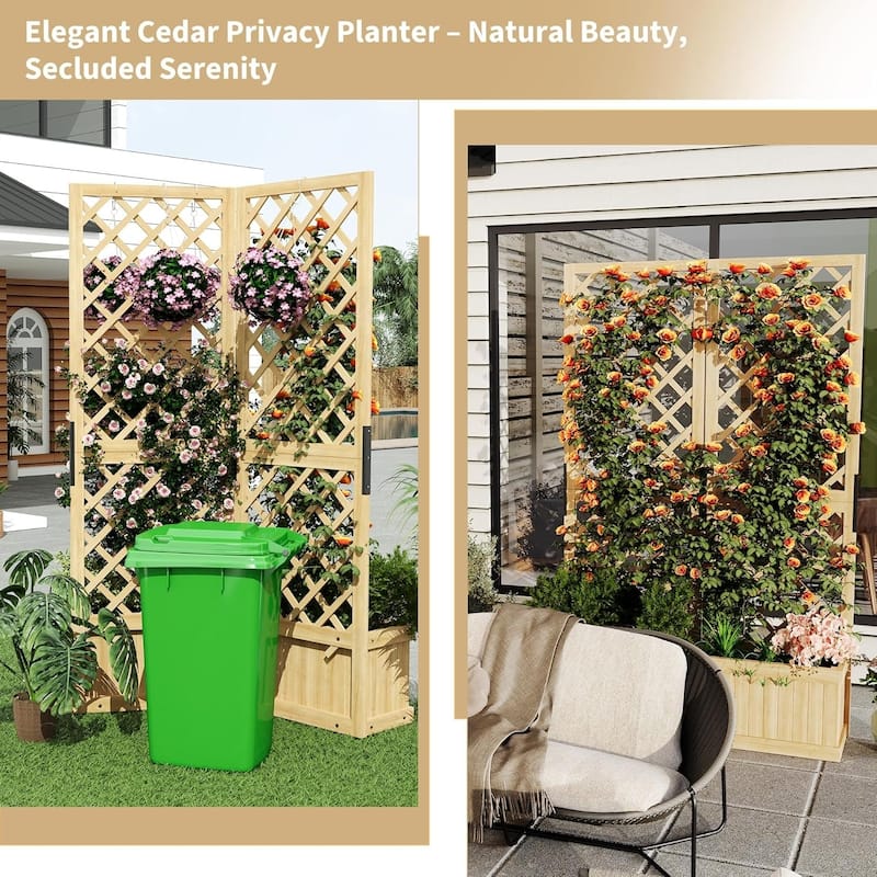 2-Panel Outdoor Privacy Screen with Planter Box and Trellis 41x10x65Inch Freestanding Garden Divider with Drain Holes