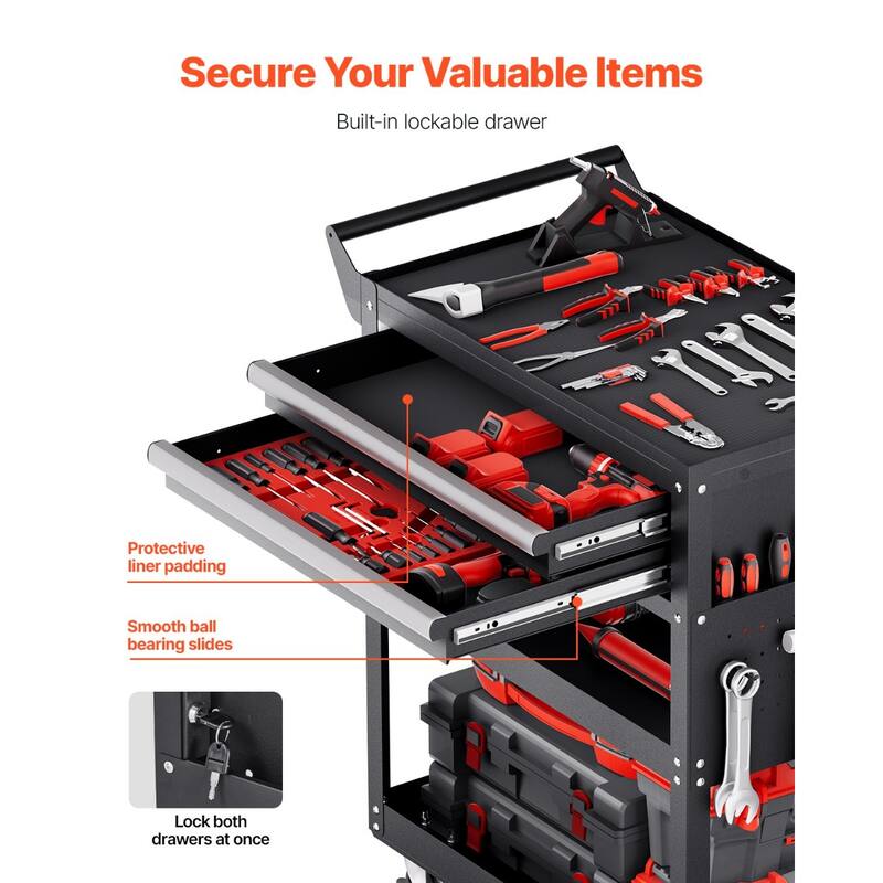 5-Tier Rolling Tool Cart with Pegboard and Lockable Drawers, 400 lb - 30.9 x 17.7 x 37.2 in