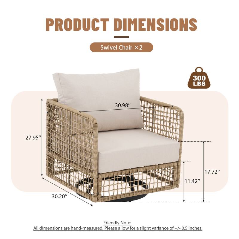 Outdoor PE Wicker 360 Swivel Patio Chairs with Thick Cushions, Weather Resistant Metal Frame for Patio, Balcony, Poolside