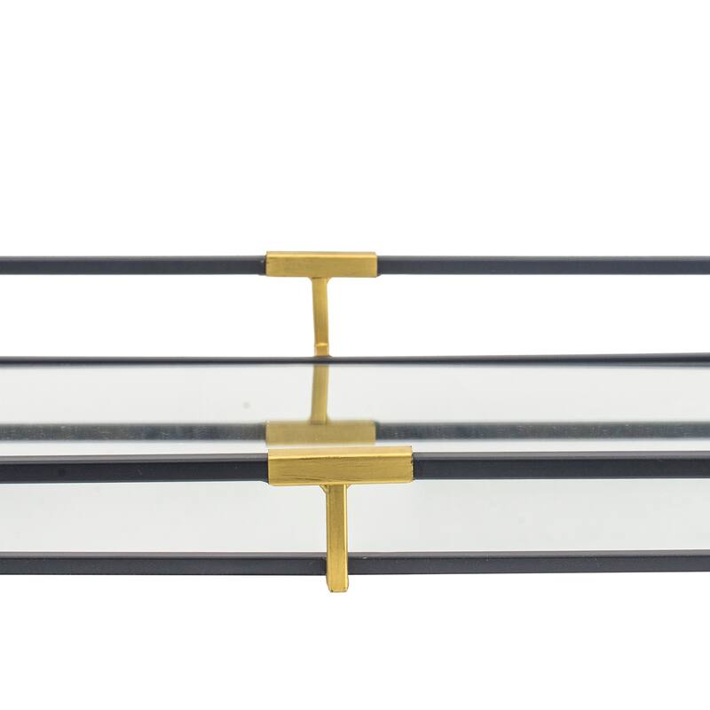 21, 27 Inch Set of 2 Decorative Trays with Mirror, Modern Frame, Gold, Black