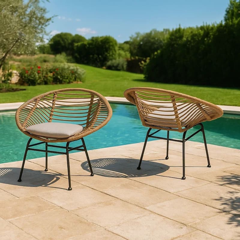 Outdoor Accent Chair Set of 2, Beige, Basket Brown Faux Rattan, Black